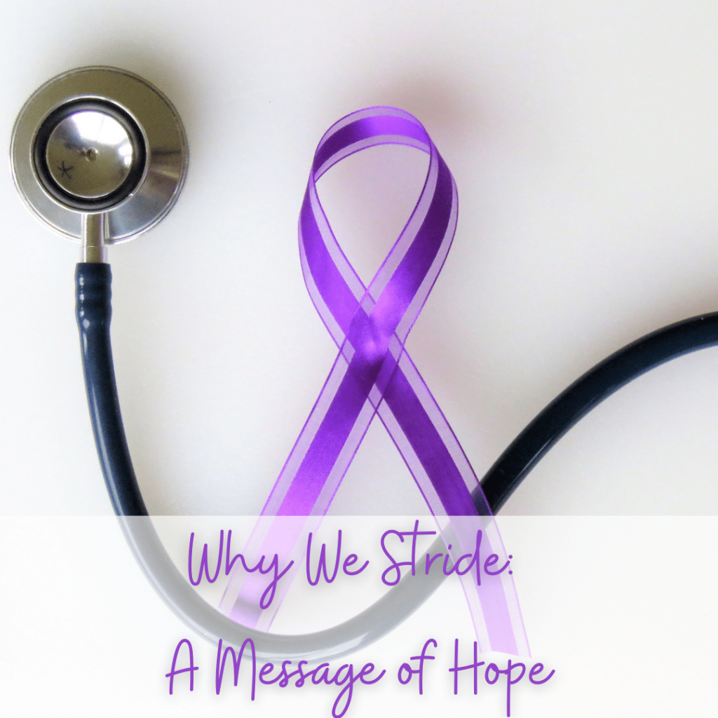 Image of a stethoscope and purple ribbon on a white background.