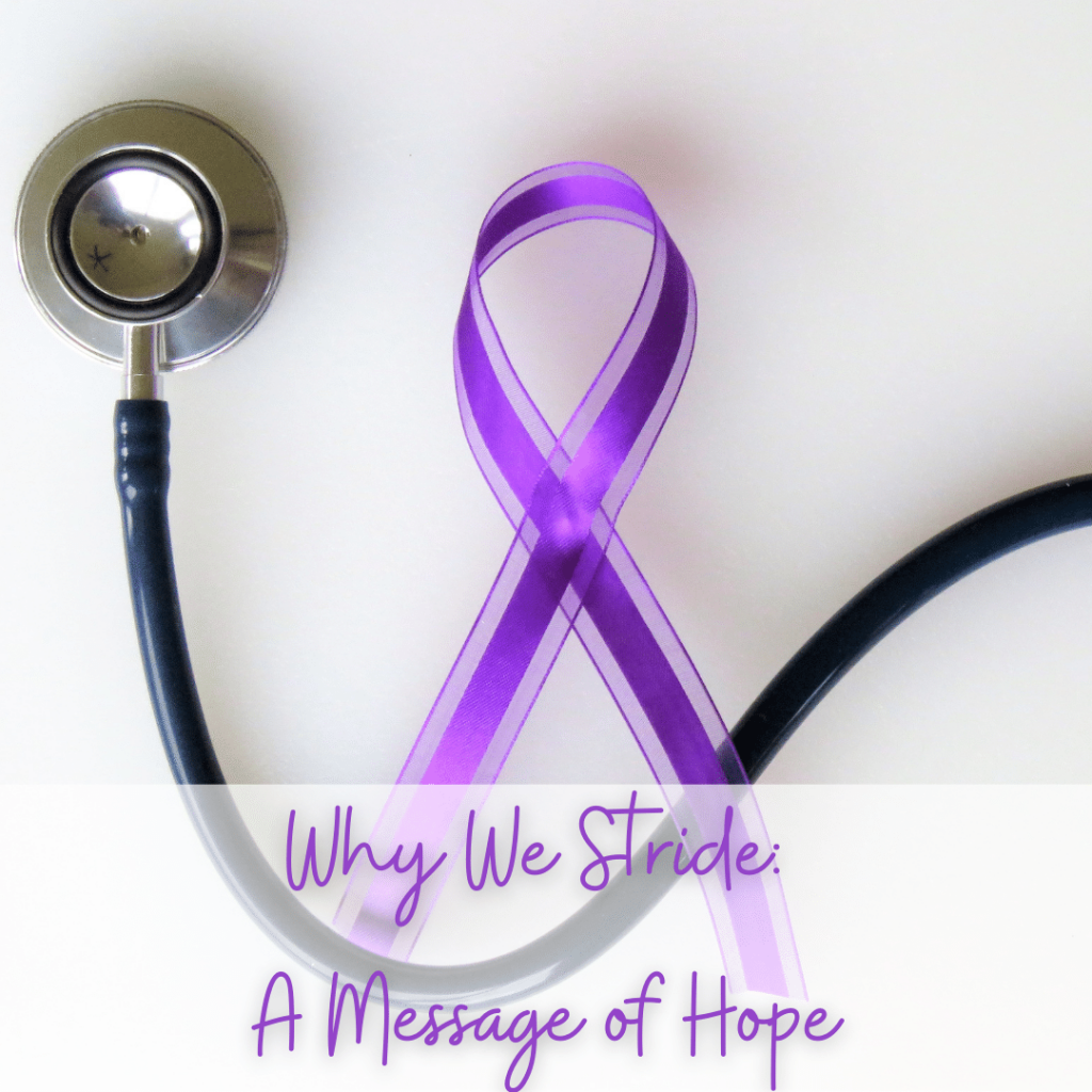 Image of a stethoscope and purple ribbon on a white background. 