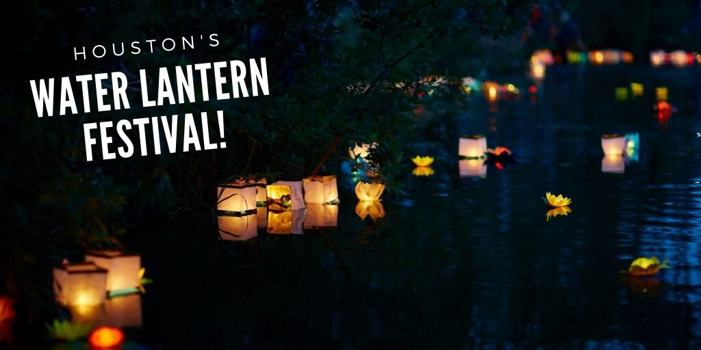 a few water lanterns on the water floating while lit in the dark. Title in upper right hand corner of image.