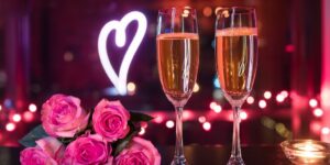 image showing valentines day ambiance with champagne flutes a heart and some roses piled up on the left side.