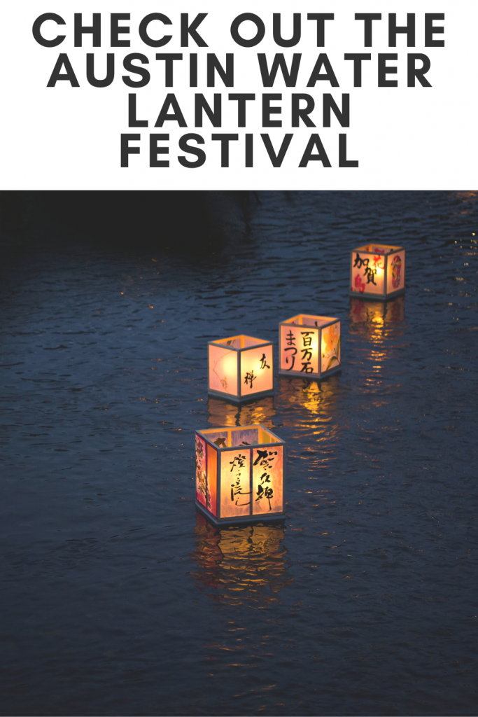 pin showing water lanterns on the water with the title of the post across the top. 